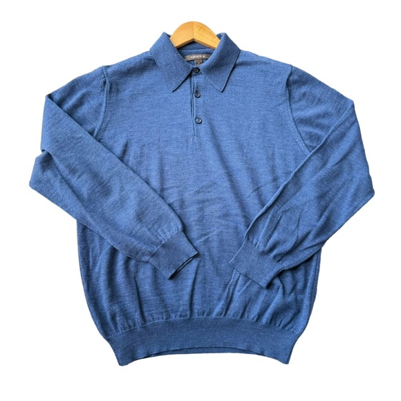 Nordstrom Mens Knitted 1/4 Button Up Collar Marin Wool Blue Sweater Size M - Picture 10 of 10